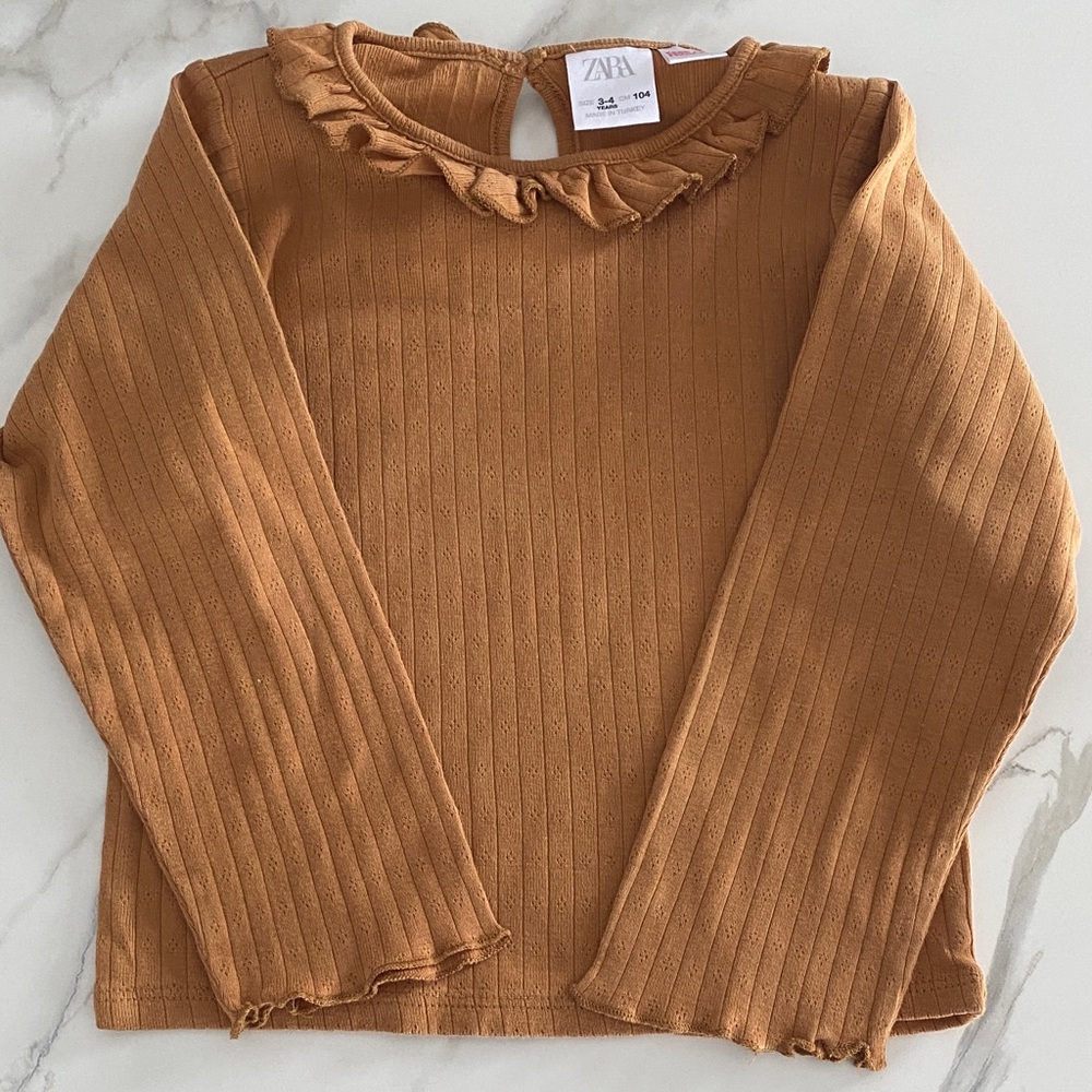 Zara toddler ribbed ruffle collar shirt size 3-4 color brown